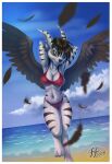  2018 3_toes anthro beach bikini black_body black_feathers black_hair blue_eyes blue_sky border bra breasts canid canine clothing cloud demon ear_piercing feathered_wings feathers feet female fernando_faria fur hair hands_behind_head landscape_background looking_at_viewer mammal panties piercing sakido_elexion seaside sky slightly_damned smile solo spread_wings striped_body stripes swimwear toes underwear webcomic webcomic_character white_body white_border white_fur wind_demon wings 
