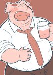  2015 alcohol anthro beer belly beverage blush bottomwear clothing cute_fangs domestic_pig eyes_closed hi_res humanoid_hands kemono kick_(artist) male mammal necktie overweight overweight_male pants shirt simple_background solo suid suina sus_(pig) topwear 