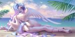  absurd_res anthro blue_eyes butt cruise_ship equid equine female hair hi_res holivi hooves looking_at_viewer looking_back looking_back_at_viewer lying mammal merchant_ship nude on_side palm_tree passenger_ship pegasus plant ponytail pose ship solo tree vehicle watercraft wings 