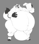  absurd_res alcohol anthro balls beer beverage big_balls canid canine genitals hi_res male mammal monochrome obese overweight raccoon_dog solo tanuki thewilldpink 