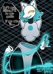  2021 abstract_background anthro blue_hair clothed clothing deltarune dialogue english_text felid female floating_hands glowing glowing_weapon hair holding_object holding_whip imposterpuss machine mammal open_mouth open_smile robot smile solo speech_bubble talking_to_viewer tasque_manager text undertale_(series) video_games whip yellow_eyes 