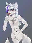  anthro arctic_fox breasts canid canine ear_piercing ear_ring ember_(disambiguation) ember_(nightdancer) eyebrow_piercing eyebrow_ring facial_piercing female fox genitals hair hi_res long_hair looking_at_viewer mammal medium_breasts nipples nude piercing pussy scar solo tattoo tikki-hiko tongue tongue_out tongue_piercing unimpressed 