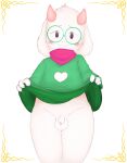  absurd_res anthro blush bovid cappuchino caprine clothed clothing clothing_lift deltarune eyewear flaccid foreskin fur genitals glasses goat hi_res horn male mammal paws penis ralsei robe scarf shy solo undertale_(series) video_games white_body white_fur 