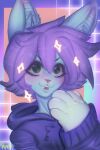  2:3 absurd_res anthro blue_body clothing domestic_cat fangs felid feline felis female green_eyes hair hi_res hoodie mammal neon pplpvtr purple_hair smile solo sparkles topwear 