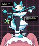  2021 absurd_res anthro blue_body blush breasts deltarune dialogue diaper dominant dominant_female duo english_text felid feline female first_person_view hi_res humanoid machine mammal nyxiettenyxstar robot solo_focus submissive tasque_manager text undertale_(series) video_games whip white_diaper 