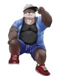  2021 4:5 anthro belly bottomwear brown_body clothing hat headgear headwear hi_res humanoid_hands kemono lutrine male mammal moonwhitetiger mustelid overweight overweight_male shirt shorts simple_background sitting solo topwear white_background 