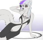  anthro arctic_fox breasts canid canine clothed clothing crotchless_clothing ember_(nightdancer) erotic_lingerie female fluffy fluffy_tail fox genitals glitter hair hi_res lingerie long_hair looking_at_viewer mammal misstik no_underwear one_piece_suit partially_clothed piercing pussy scar solo tattoo 
