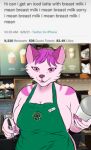  anthro apron apron_only big_breasts bigratjoe breasts cheek_tuft cleavage clothed clothing colored_nails container cup digital_media_(artwork) english_text facial_tuft female green_apron hair holding_cup holding_object holding_pen i_mean_breast_milk meme mostly_nude nails pen pink_hair pink_nails public side_boob smile solo starbucks striped_body stripes text tuft unknown_species 
