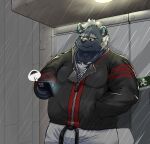 2021 anthro biped black_nose cellphone clothed clothing hi_res humanoid_hands kemono male mammal moonwhitetiger outside overweight overweight_male phone raining smartphone solo ursid 