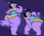  absurd_res anthro barefoot bedroom_eyes big_butt black_hair blue_clothing breasts butt catty_(undertale) chubby_female clothing domestic_cat feet felid feline felis female hair hi_res huge_butt huge_thighs mammal multiple_poses narrowed_eyes overalls overweight overweight_anthro overweight_female pawpads paws pose purple_background purple_body seductive short_tail simple_background slightly_chubby superspoe thick_thighs undertale undertale_(series) video_games wide_hips yellow_sclera 