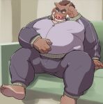  00murice 2021 anthro blush bodily_fluids bottomwear brown_body brown_fur bulge clothing feet fur furniture humanoid_hands inside kemono male mammal overweight overweight_male pants sitting sofa solo suid suina sus_(pig) sweat wild_boar 
