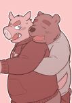  2015 anthro blush bottomwear clothing cute_fangs domestic_pig duo embrace eyes_closed hi_res hoodie hug hugging_from_behind kemono kick_(artist) male male/male mammal overweight overweight_male pants simple_background suid suina sus_(pig) text text_on_clothing text_on_hoodie text_on_topwear topwear ursid 