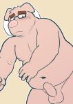  2015 anthro balls belly blush domestic_pig erection eyewear genitals glasses hi_res humanoid_genitalia humanoid_hands humanoid_penis kemono kick_(artist) lying male male_focus mammal moobs navel nipples overweight overweight_male penis pillow simple_background solo suid suina sus_(pig) 