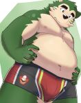  absurd_res anthro belly bulge canid canine canis clothing domestic_dog eyebrows fur green_body green_fur hi_res lifewonders live-a-hero low-angle_view male mammal mokdai navel nipples overweight solo suro964708 thick_eyebrows underwear video_games 