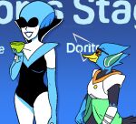  2021 android anthro armor armwear avian battery_acid beak berdly bird black_body black_feathers blue_body blue_feathers breasts clothed clothing computer_program_(species) container covered_eyes cup deltarune digital_media_(artwork) doritos drinking_glass duo elbow_gloves eyewear feathers female frito-lay glass glass_container glass_cup glasses gloves handwear humor jupiter-boy machine male mammal markings meme mole_(marking) open_mouth pixel_(artwork) queen_(deltarune) robot signature simple_background smile stage tyler1 undertale_(series) video_games white_body white_skin wine_glass 