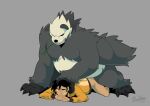  2021 anthro anthro_penetrating anthro_penetrating_human baraking belly black_body black_hair black_nose blush clothed clothing duo hair hi_res human human_on_anthro human_penetrated interspecies male male/male mammal nintendo overweight overweight_anthro overweight_male pangoro penetration pok&eacute;mon pok&eacute;mon_(species) pok&eacute;philia sex simple_background video_games white_body 