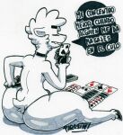  anthro big_butt butt camelid card choker clothed clothing dialogue eyes_closed fur hand_on_leg hooves jewelry llama male mammal necklace parasitedeath partially_clothed rear_view sitting solo spanish_text speech_bubble text thick_thighs thong translated underwear white_body white_fur 