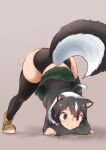  animal_humanoid black_hair bottomwear butt clothing female footwear hair hi_res humanoid jack-o&#039;_pose kemono_friends legwear mammal mammal_humanoid mephitid mephitid_humanoid multicolored_hair nekosu panties pose shoes short_hair simple_background skirt skunk_humanoid smile striped_skunk_(kemono_friends) thigh_highs two_tone_hair underwear white_hair 