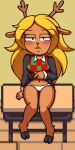  anthro blonde_hair blush bottomwear brown_body brown_fur capreoline cervid clothed clothing clothing_lift deltarune exposed_underwear female fur hair hi_res horn kcn looking_at_viewer mammal noelle_holiday panties public public_exposure reindeer skirt skirt_lift solo undertale_(series) underwear video_games 