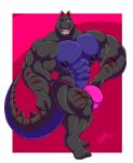  2021 abs alligator alligatorid anthro barazoku biceps big_bulge big_muscles blitztaison border bulge clothing crocodilian dinosaur flexing hi_res huge_muscles hybrid looking_at_viewer male muscular muscular_anthro muscular_male navel nipples obliques one_eye_closed open_mouth open_smile pecs pink_background pose qaz quads reptile scalie signature simple_background smile solo standing thick_thighs thong underwear vein white_border wink 
