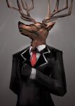  anderhorlo anthro antlers biped brown_body brown_fur by-nc-nd cervid clothing creative_commons fur gloves grey_background handwear hi_res horn looking_at_viewer male mammal necktie simple_background solo suit teeth 