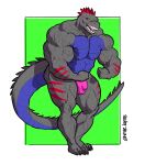  2021 abs alligator alligatorid anthro barazoku biceps big_muscles border bulge clothing crocodilian dinosaur flexing genital_outline green_background hi_res huge_muscles hybrid male muscular muscular_anthro muscular_male nipples open_mouth open_smile pecs penis_outline qaz quads reptile scalie simple_background smile solo standing teeth text thick_thighs thong underwear url vein veiny_muscles vive_lapins white_border 