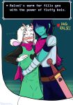  accessory anthro armor blue_body blue_skin blush bovid caprine clothed clothing deltarune duo embarrassed embrace eyewear fur glasses goat green_clothing green_robe hair hi_res horn hug human humanoid kris_(deltarune) male mammal melee_weapon open_mouth pink_horn pink_scarf pupils ralsei robe scarf shocked simple_background small_pupils smile smirk swan_boat sword text undertale_(series) vexxyvex video_games weapon white_body white_fur white_ribbon 
