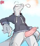  animal_genitalia anthro claws clothing day embarrassed flustered genitals hi_res hoodie lizard male penis reptile scalie slit sodacaps solo topwear white_body 