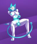  2021 anthro big_breasts blue_hair breasts canid deltarune digital_media_(artwork) female floating_hands hair hi_res machine mammal nipples nude open_mouth robot shaded simple_background smile solo tasque_manager undertale_(series) video_games weapon white_body yukkoo yukkooart 