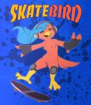  2021 4_fingers anthro atane27 avian bird blue_hair breasts claws clothing digital_media_(artwork) eyes_closed feathers female fingers genitals gloves hair handwear headphones hi_res knee_pads mostly_nude navel nude open_mouth pussy red_body shaded simple_background skateboard small_breasts 