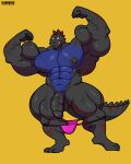  2020 abs alligator alligatorid anthro artist_name balls barazoku biceps big_muscles big_nipples clothed clothing crocodilian dinosaur flaccid flameus99 flexing genitals hi_res huge_muscles humanoid_genitalia humanoid_penis hybrid looking_at_viewer male mostly_nude muscular muscular_anthro muscular_male navel nipples obliques partially_clothed pecs penis qaz quads reptile scales scalie simple_background solo standing text thick_thighs thong thong_down underwear underwear_down url vein yellow_background 