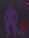  2021 anthro canid canine chimera claws colored english_text fluffy fluffy_tail fur gradient_horn gradient_tail hi_res horn looking_aside male mammal model_sheet muscular pawpads purple_body purple_fur purple_horn red_eyes red_horn red_nose red_pawpads red_tail signature simple_background smile solo standing text wolfarion 