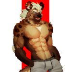  1:1 abs absurd_res anthro biceps bottomwear clothing ear_piercing fur hair hi_res hyaenid male mammal muscular muscular_anthro muscular_male o_reowoof pecs piercing simple_background solo spotted_hyena 