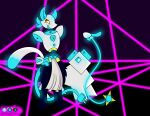  absurd_res anthro blue_eyes clothed clothing deltarune duo felid female floating glowing hi_res humanoid machine mammal qonlyowlyp robot simple_background tasque tasque_manager undertale_(series) video_games weapon white_body yellow_eyes 