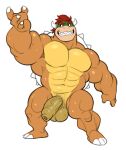  abs analon_(artist) anthro balls bowser darkened_balls darkened_genitalia darkened_penis genitals hair hi_res humanoid_genitalia humanoid_penis koopa male mario_bros muscular muscular_male navel nintendo nude orange_body penis pubes red_hair scalie sharp_teeth simple_background solo teeth video_games white_background 
