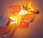  anthro bed breasts canid canine discreet_user eyebrow_piercing facial_piercing female fox furniture genitals glowing glowing_body hi_res mammal mylar_(discreet_user) piercing pussy small_breasts solo spread_legs spreading 