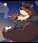  0119_muu 2021 anthro belly black_bars black_nose blush brown_body brown_fur can clothing container eyes_closed fur hi_res kemono letterbox male mammal mature_male moon night outside overweight overweight_male shirt smoking solo topwear ursid 