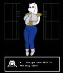 anthro armor big_breasts bizzmuth_(artist) bovid breasts caprine dialogue dragon_ball english_text female fur goat hand_behind_back hand_on_breast hi_res horn looking_at_viewer mammal nervous pink_eyes solo talking_to_viewer text thick_thighs toriel undertale undertale_(series) video_games white_body white_fur 