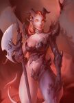  abstract_background absurd_res armor axe big_breasts breasts clothed clothing collar demon demon_humanoid female hi_res horn humanoid melee_weapon midriff naturally_censored okata polearm scales skimpy solo standing succubus thick_thighs unconvincing_armor weapon wings 