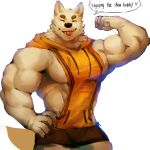  1:1 absurd_res anthro biceps bottomwear canid canine clothing fur hi_res male mammal muscular muscular_anthro muscular_male o_reowoof simple_background solo textured_background topwear 