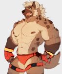  abs absurd_res anthro biceps bottomwear clothed clothing fingerless_gloves fur gloves hair handwear hi_res hyaenid male mammal muscular muscular_anthro muscular_male nipples o_reowoof pecs simple_background solo spotted_hyena wrestling 