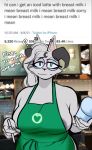  anthro apron apron_only areola areola_slip beverage big_breasts black_areola breasts canid canine canis clothed clothing dark_areola digital_media_(artwork) ear_piercing ear_ring english_text eyewear female fur glasses green_apron grey_body hair holding_beverage holding_object humor i_mean_breast_milk joushi looking_at_viewer mammal meme moon_(moonlynn) mostly_nude nipple_slip nipples photo_background piercing shaded solo starbucks text twitter wolf 