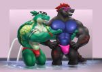  2021 abs alligator alligatorid anthro big_muscles black_body black_scales bulge clothing crocodilian dinosaur duo eyewear eyewear_on_head green_body green_scales hair hands_on_hips huge_muscles hybrid kai_(qaz) looking_at_viewer male male/male meerkatraka muscular muscular_anthro muscular_male navel open_mouth open_smile partially_submerged pec_grab pec_squeeze pecs ponytail qaz reptile scales scalie shell signature smile speedo standing sunglasses sunglasses_on_head swimming_pool swimwear tattoo teeth turtle water 