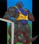  2021 abs alligator alligatorid anthro balls barazoku beartower big_muscles bottomless clothed clothing crocodilian day dinosaur erection genitals hi_res huge_muscles humanoid_genitalia humanoid_penis hybrid looking_at_viewer low-angle_view male muscular muscular_anthro muscular_male narrowed_eyes outside pecs penis qaz quads reptile scalie shirt smile solo standing tank_top thick_thighs topwear 