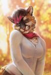  2021 alyxis anthro blep blurred_background breasts clothed clothing day detailed_background digital_media_(artwork) ear_piercing ear_ring felid feline female fur goldendruid hair hi_res mammal outside piercing smile solo tongue tongue_out whiskers 