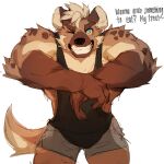  1:1 absurd_res anthro bottomwear clothing fur hair hi_res hyaenid male mammal muscular muscular_male o_reowoof shorts simple_background solo spotted_hyena textured_background topwear 