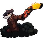  absurd_res aiming alpha_channel anthro blaze_(disambiguation) blazing canid canine clothing coat cowboy engravings fire flaming fox glowing gun handgun hat headgear headwear hi_res male mammal masterzoroark666 ranged_weapon revolver simple_background smile smirk smoke solo topwear transparent_background weapon 