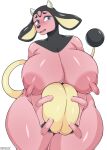  2021 anthro artist_name big_breasts biped blush boxollie breasts embarrassed female floppy_ears fur hi_res horn huge_breasts long_ears long_nipples miltank nintendo nipples nude pink_body pink_fur pok&eacute;mon pok&eacute;mon_(species) portrait simple_background solo standing teats thick_thighs three-quarter_portrait udders video_games white_background white_horn 