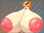  anthro areola big_areola big_breasts big_nipples blush breast_expansion breasts english_text expansion female fire glistening glistening_body hair heart_marking huge_breasts hyper hyper_breasts looking_at_own_breasts looking_at_self lysergide multicolored_body nintendo nipples nude pok&eacute;mon pok&eacute;mon_(species) red_eyes solo surprised_expression text two_tone_body typhlosion video_games white_hair 