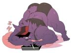  anthro ass_up bottomwear butt clothing fur gengar hat hat_over_eyes headgear headwear hi_res jack-o&#039;_pose kokuhane kokuhane_(character) male muscular muscular_anthro muscular_male nintendo pok&eacute;mon pok&eacute;mon_(species) pose purple_body purple_fur shirt shorts simple_background sleeping solo tank_top topwear video_games white_background 